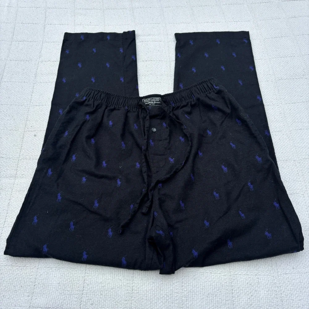 Men's Small POLO Ralph Lauren Black Blue All Over Pony Logo Flannel Lounge Pants